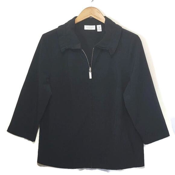 Chico's Weekends Black 3/4 Sleeve Ruffle Collar Zip Front Jacket Size L - Picture 1 of 9